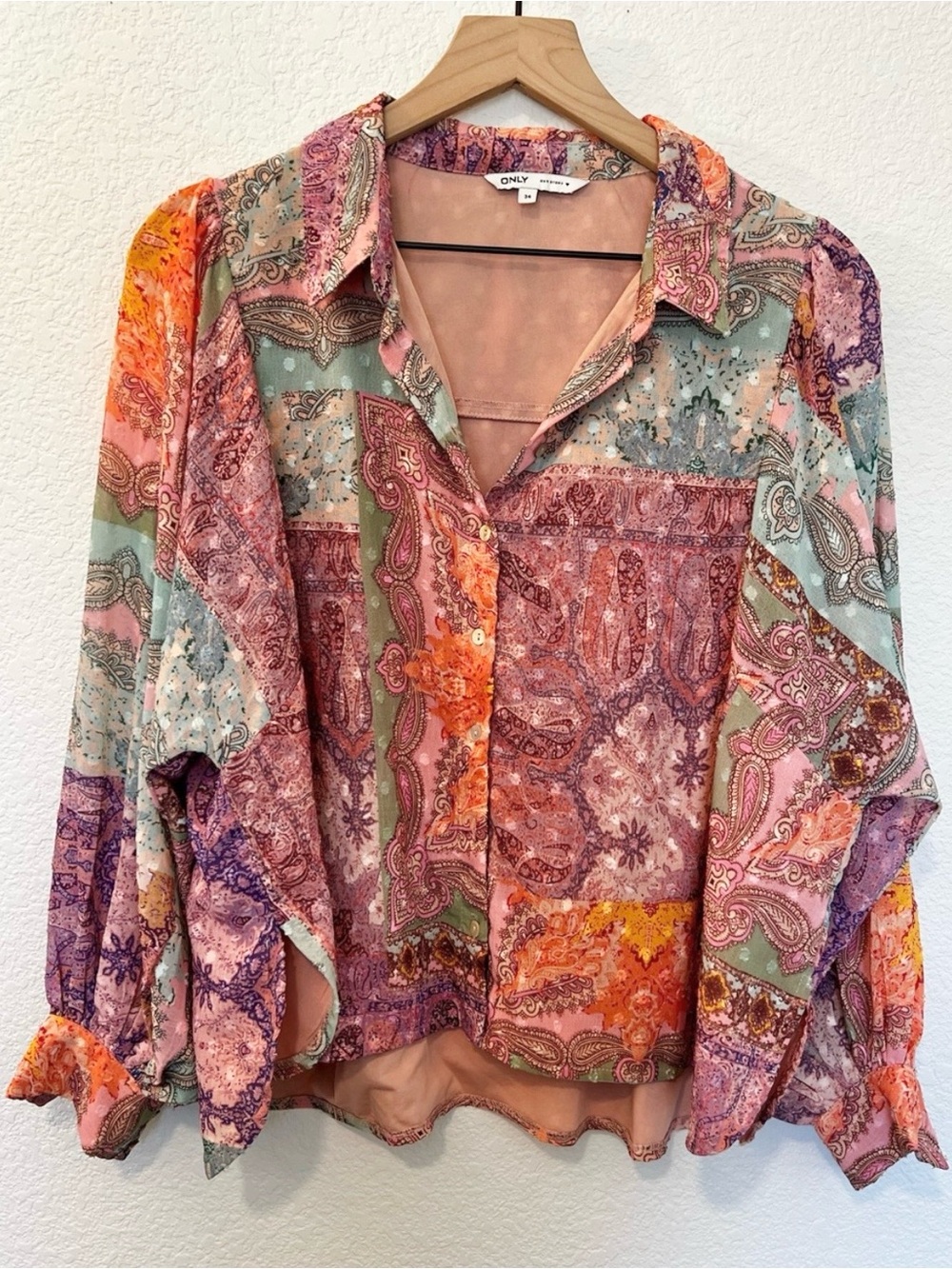 Bohemian Boho 70s Patchwork Paisley Balloon Sleeve Top- Size Large